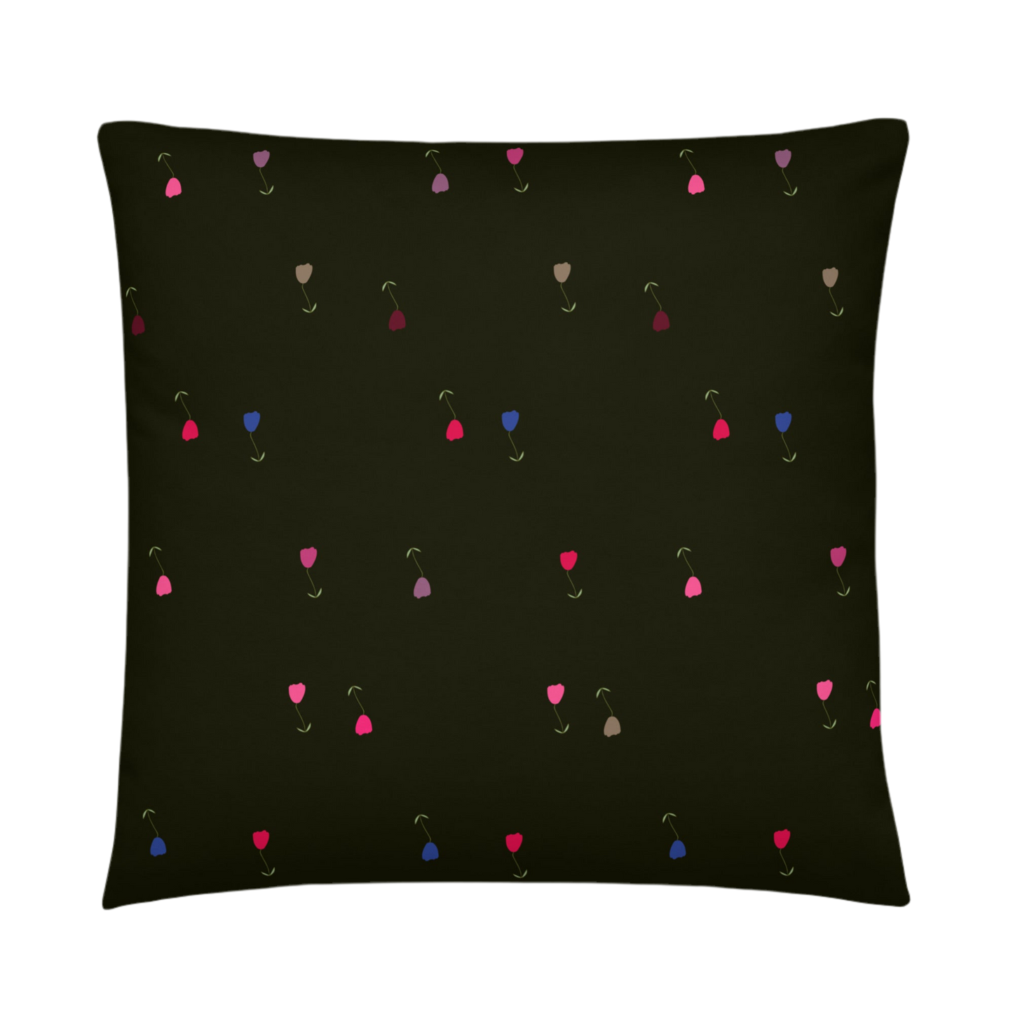 A photo of a dark pillow with colourful tulips on it (in shades of pink, grey, red, and blue with green leaves and green stalks).