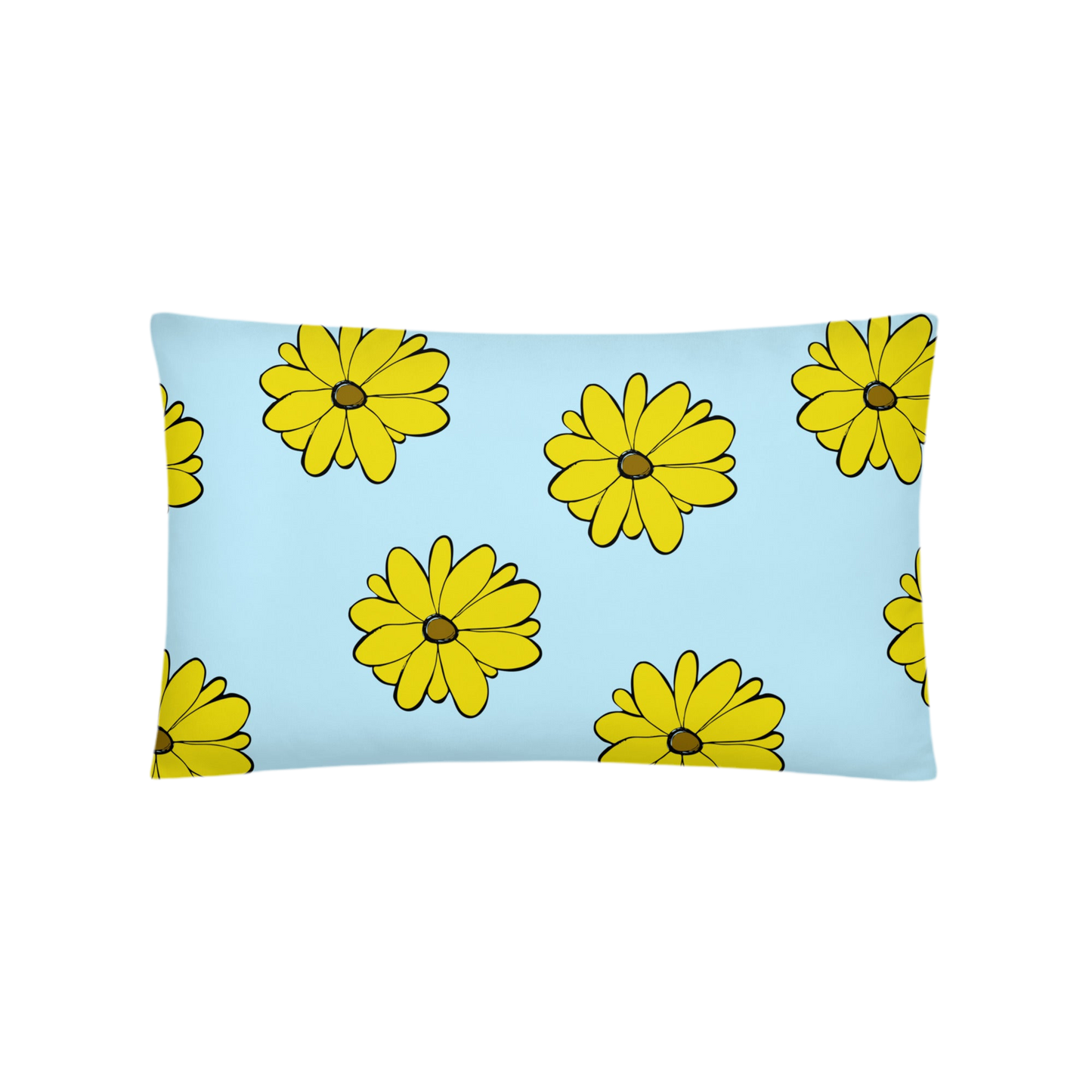 A photo of a blue pillow with a pattern of vibrant yellow sunflowers with brown centres.