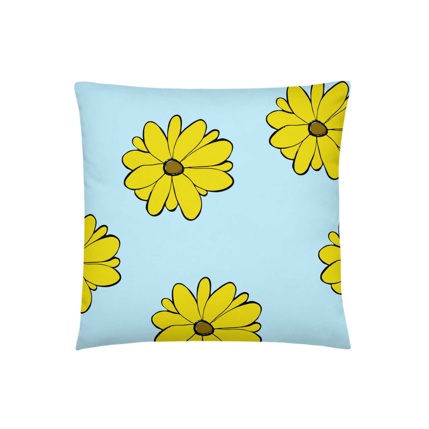 A photo of a blue pillow with a pattern of vibrant yellow sunflowers with brown centres.