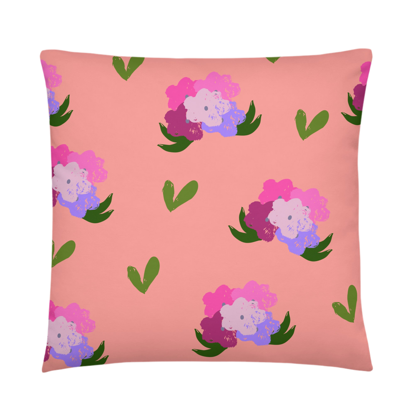 A photo of a soft pink pillow adorned with hand-drawn green leaves and bouquets of flowers in shades of pink and purple.