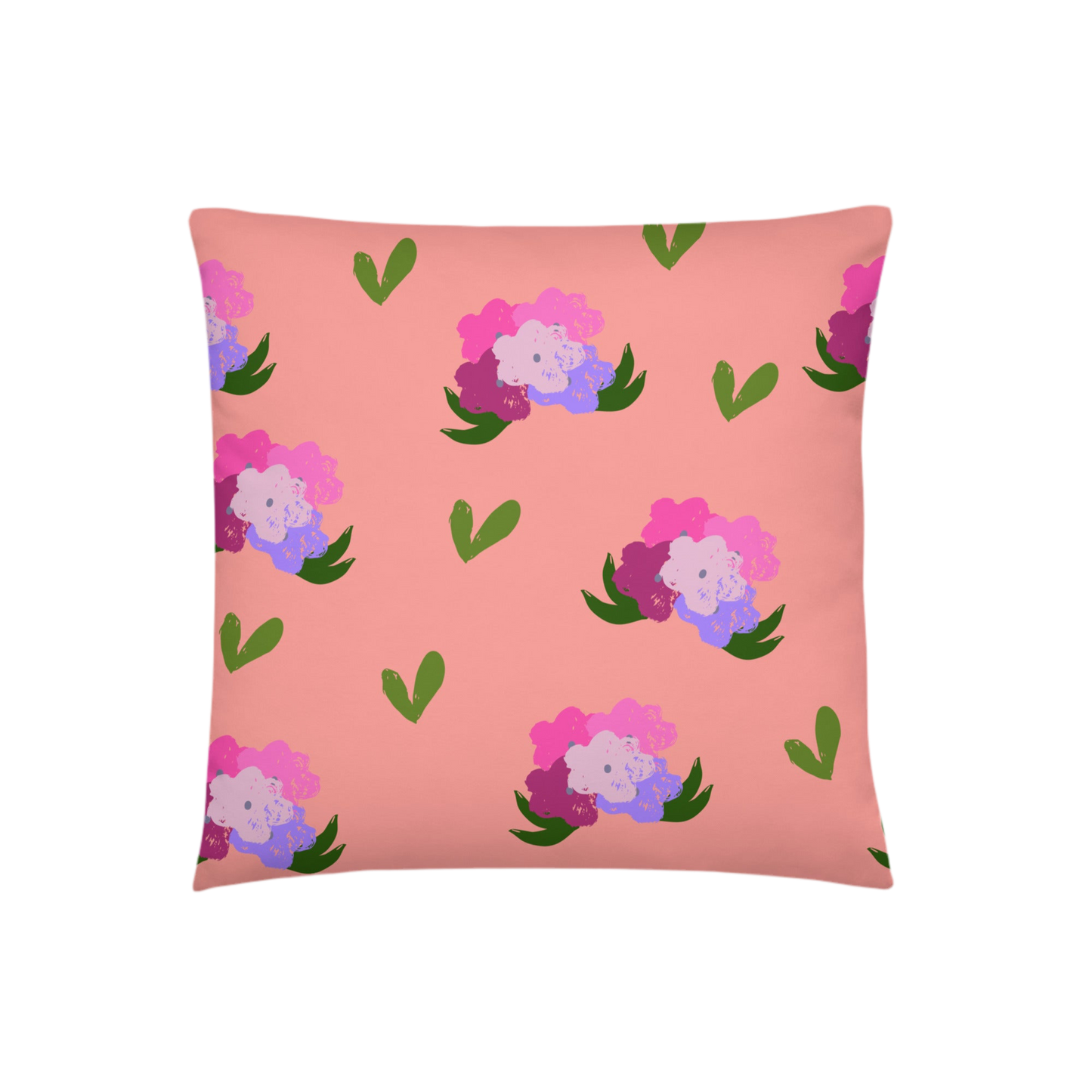 A photo of a soft pink pillow adorned with hand-drawn green leaves and bouquets of flowers in shades of pink and purple.