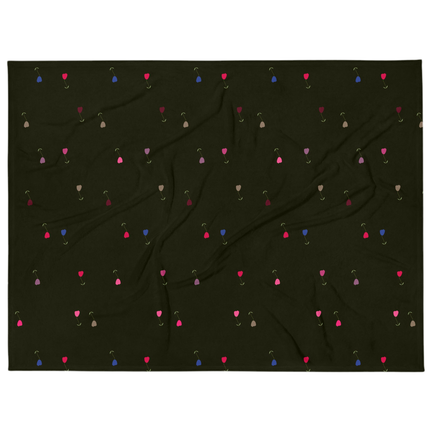 A photo of a dark blanket with colourful tulips on it (in shades of pink, grey, red, and blue with green leaves and green stalks).