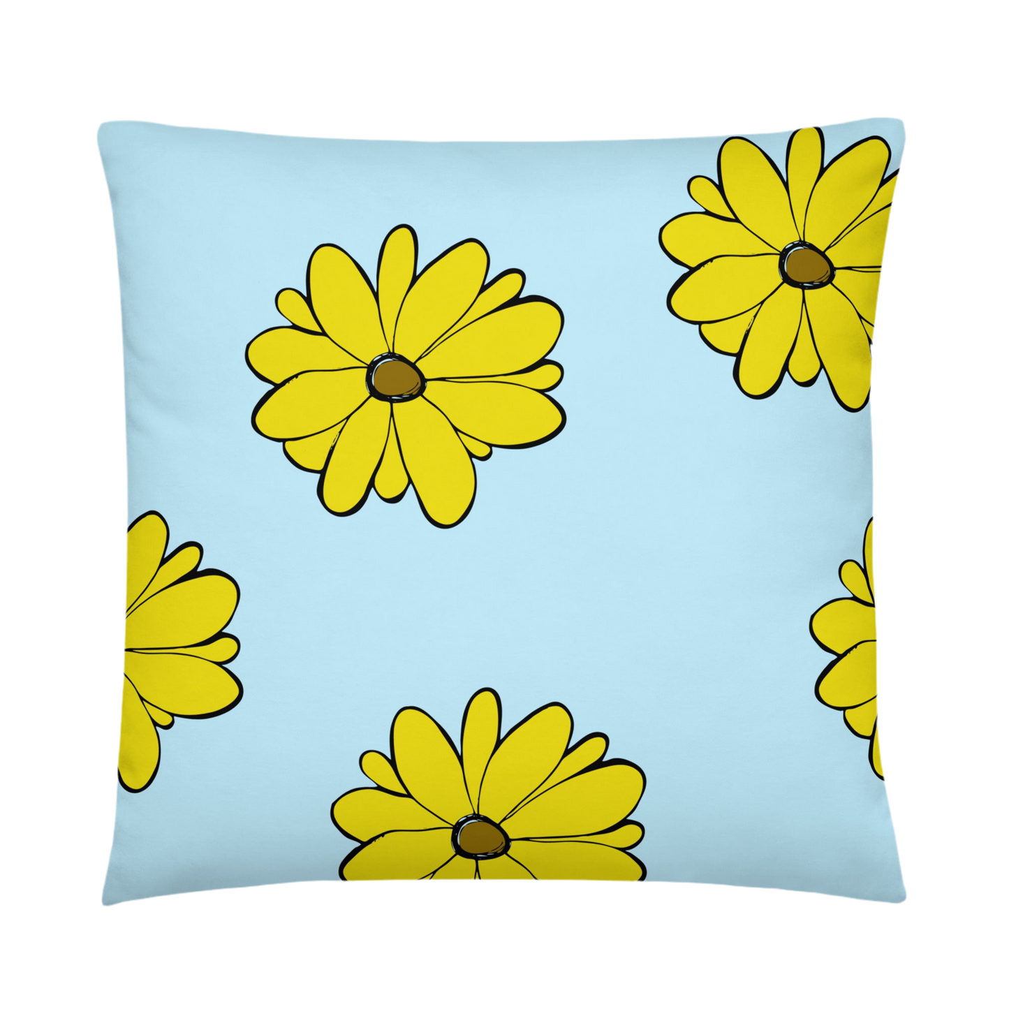 A photo of a blue pillow with a pattern of vibrant yellow sunflowers with brown centres.