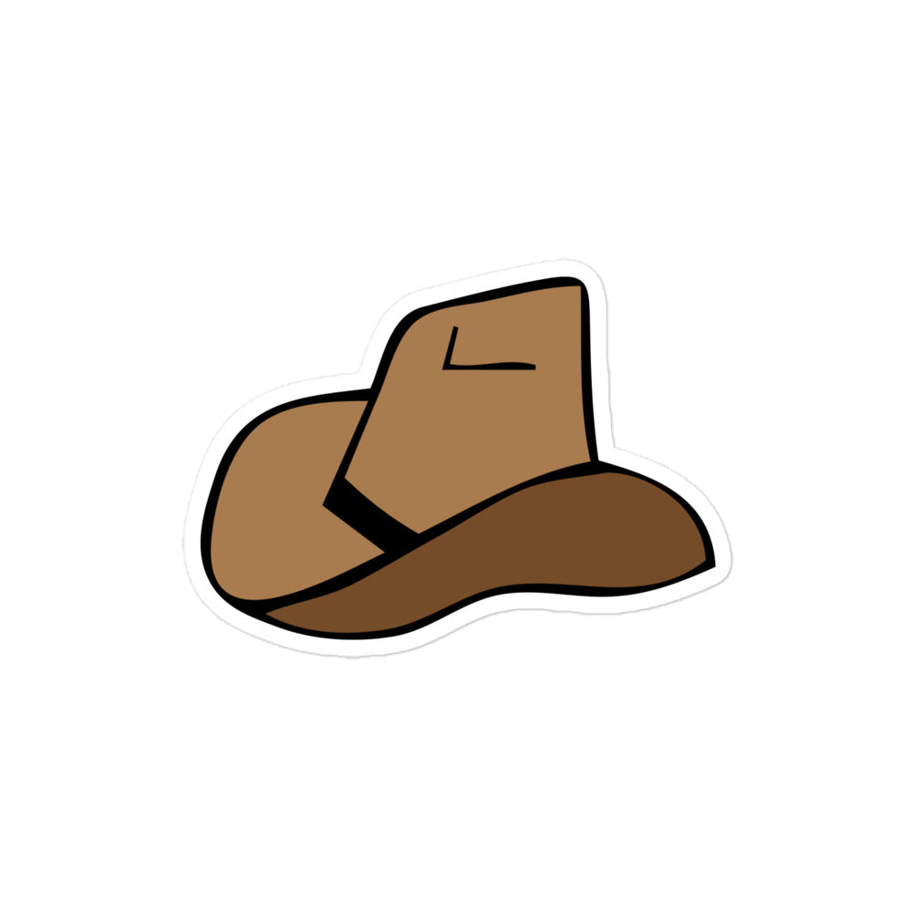 A photo of a hand-drawn brown cowboy hat sticker with a black band.