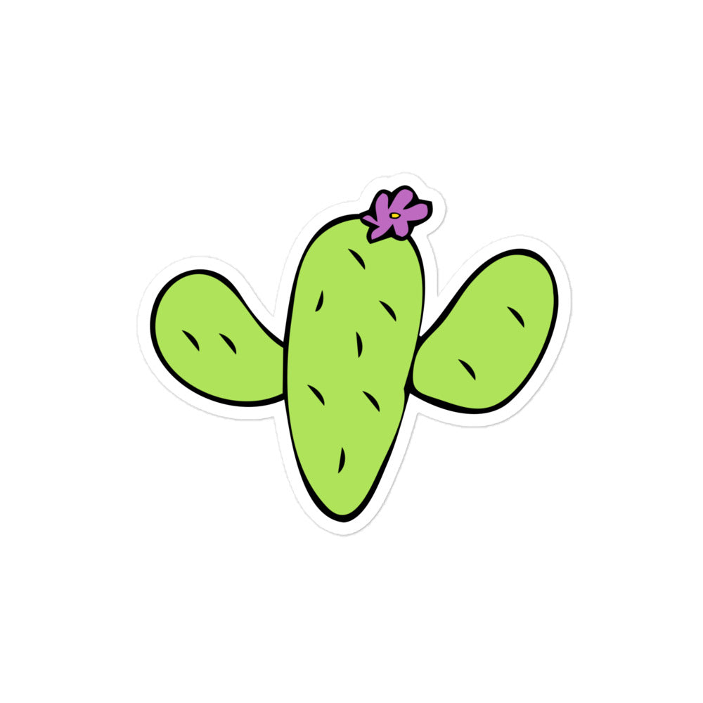 Photo of a green cactus sticker with a purple flower.