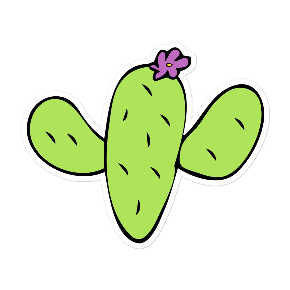 Photo of a green cactus sticker with a purple flower.