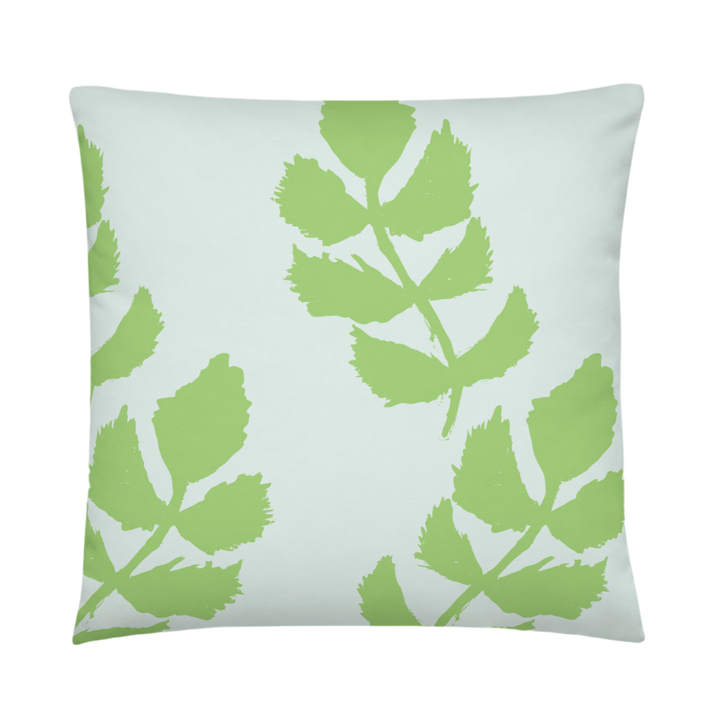 A soft blue pillow with a hand-drawn green leaf garland pattern.