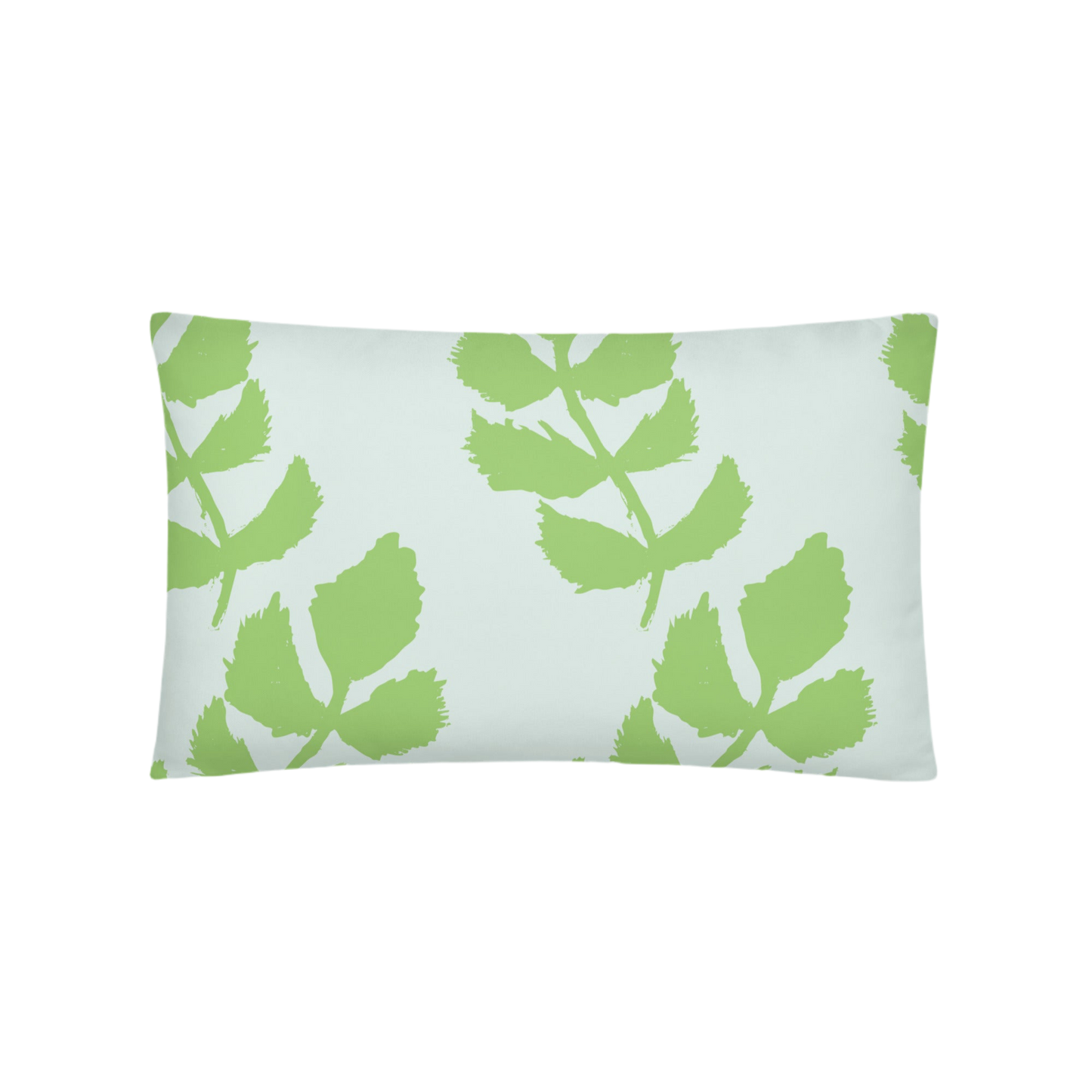 A soft blue pillow with a hand-drawn green leaf garland pattern.