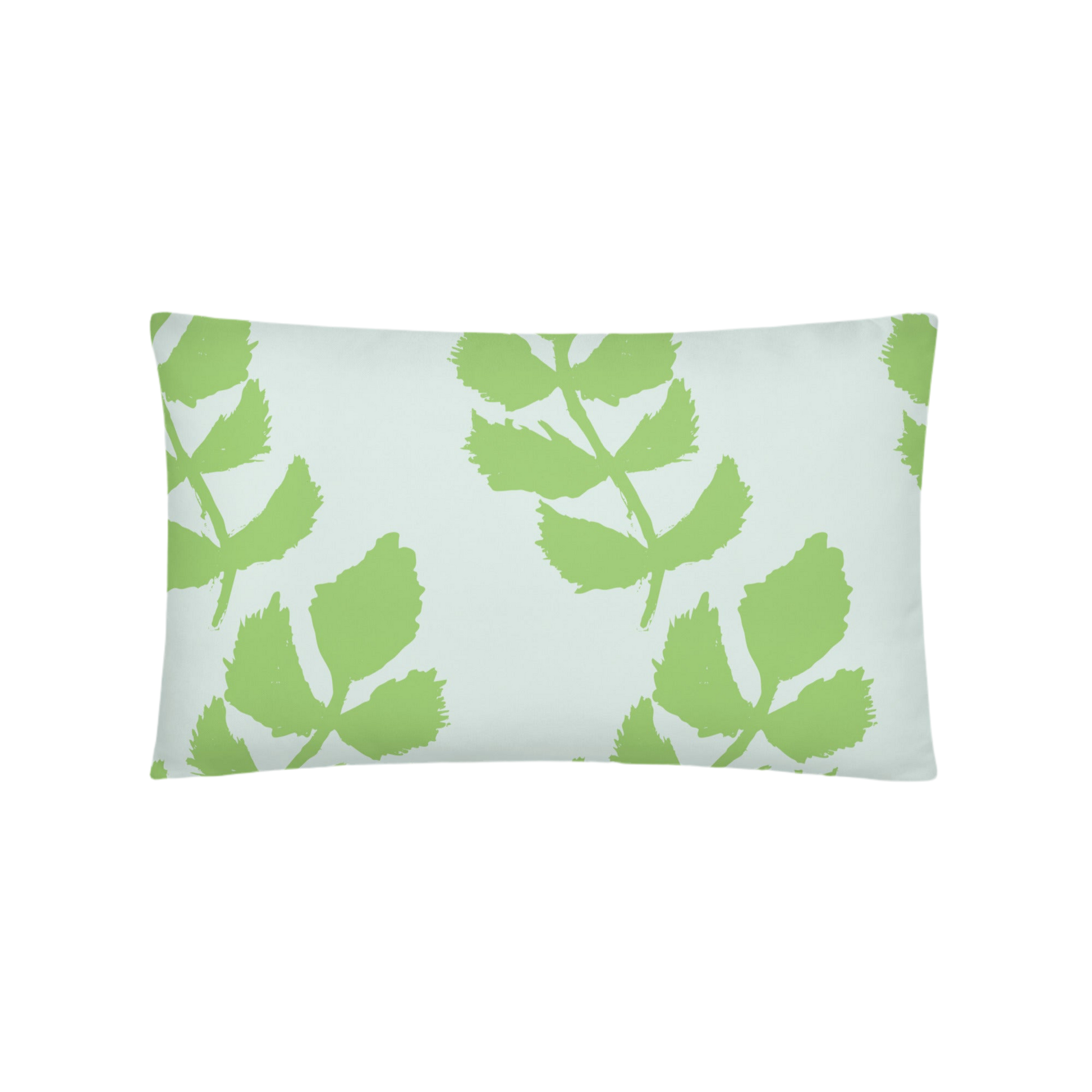 A soft blue pillow with a hand-drawn green leaf garland pattern.