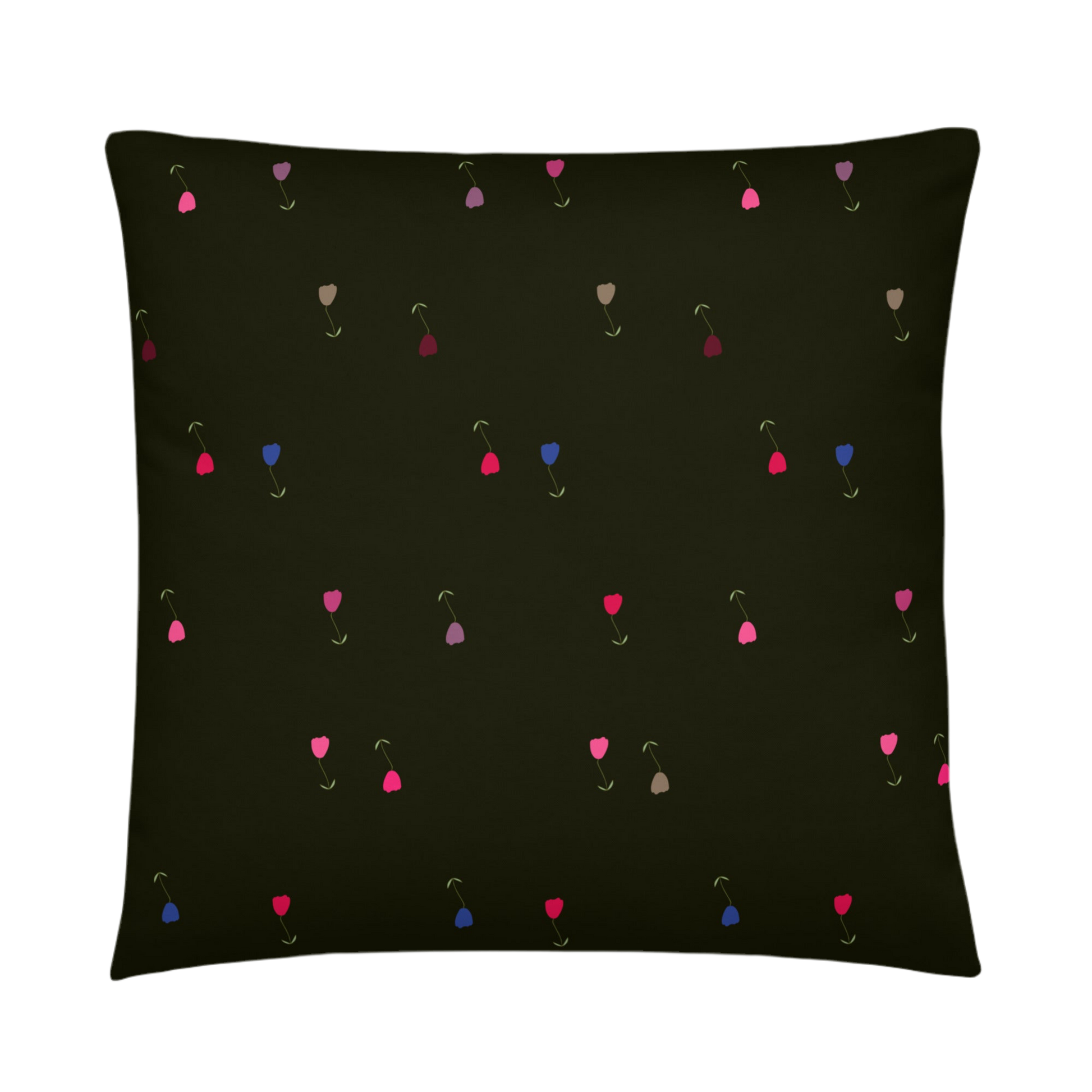 A photo of a dark pillow with colourful tulips on it (in shades of pink, grey, red, and blue with green leaves and green stalks). 