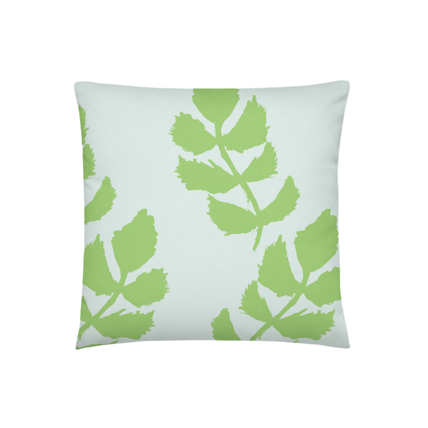 A soft blue pillow with a hand-drawn green leaf garland pattern.