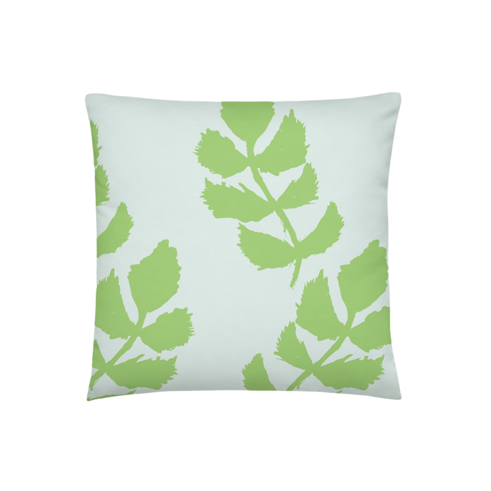 A soft blue pillow with a hand-drawn green leaf garland pattern.
