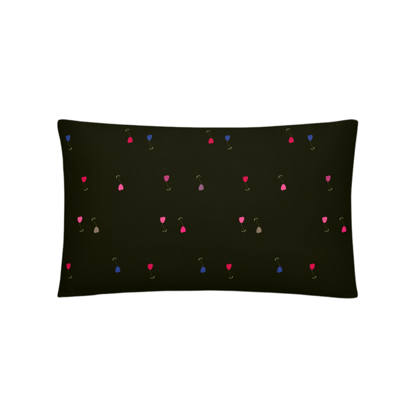 A photo of a dark pillow with colourful tulips on it (in shades of pink, grey, red, and blue with green leaves and green stalks). 