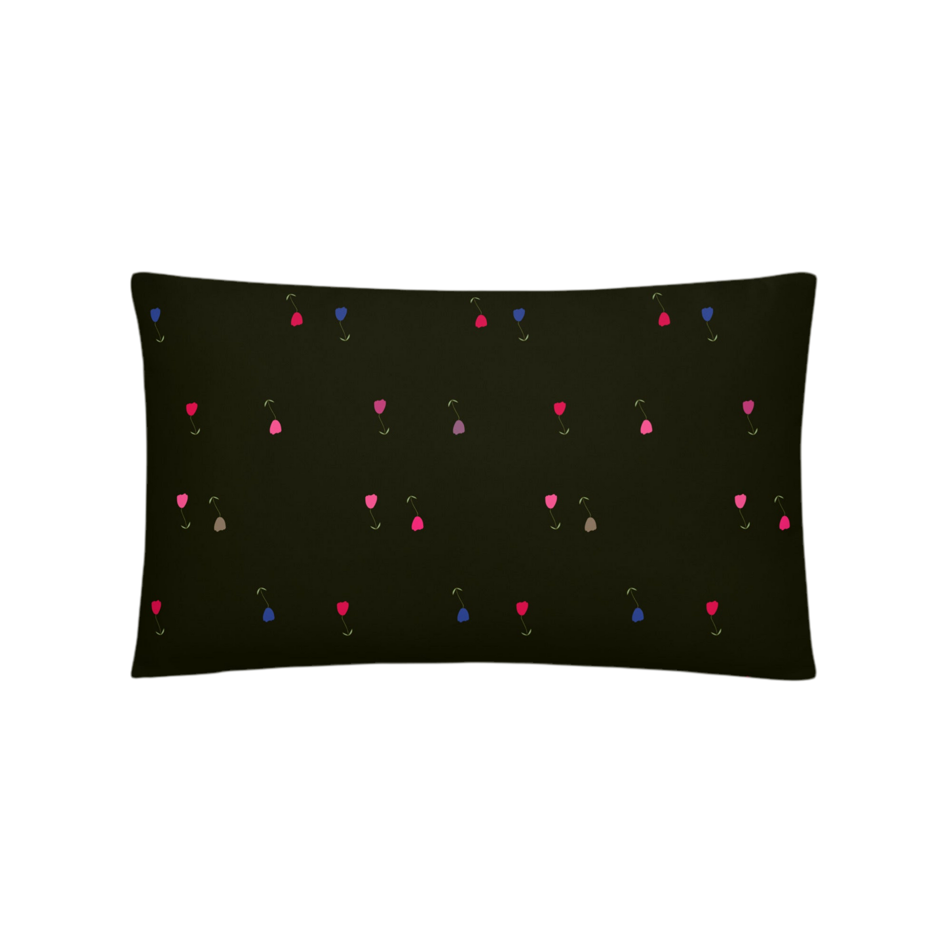 A photo of a dark pillow with colourful tulips on it (in shades of pink, grey, red, and blue with green leaves and green stalks). 