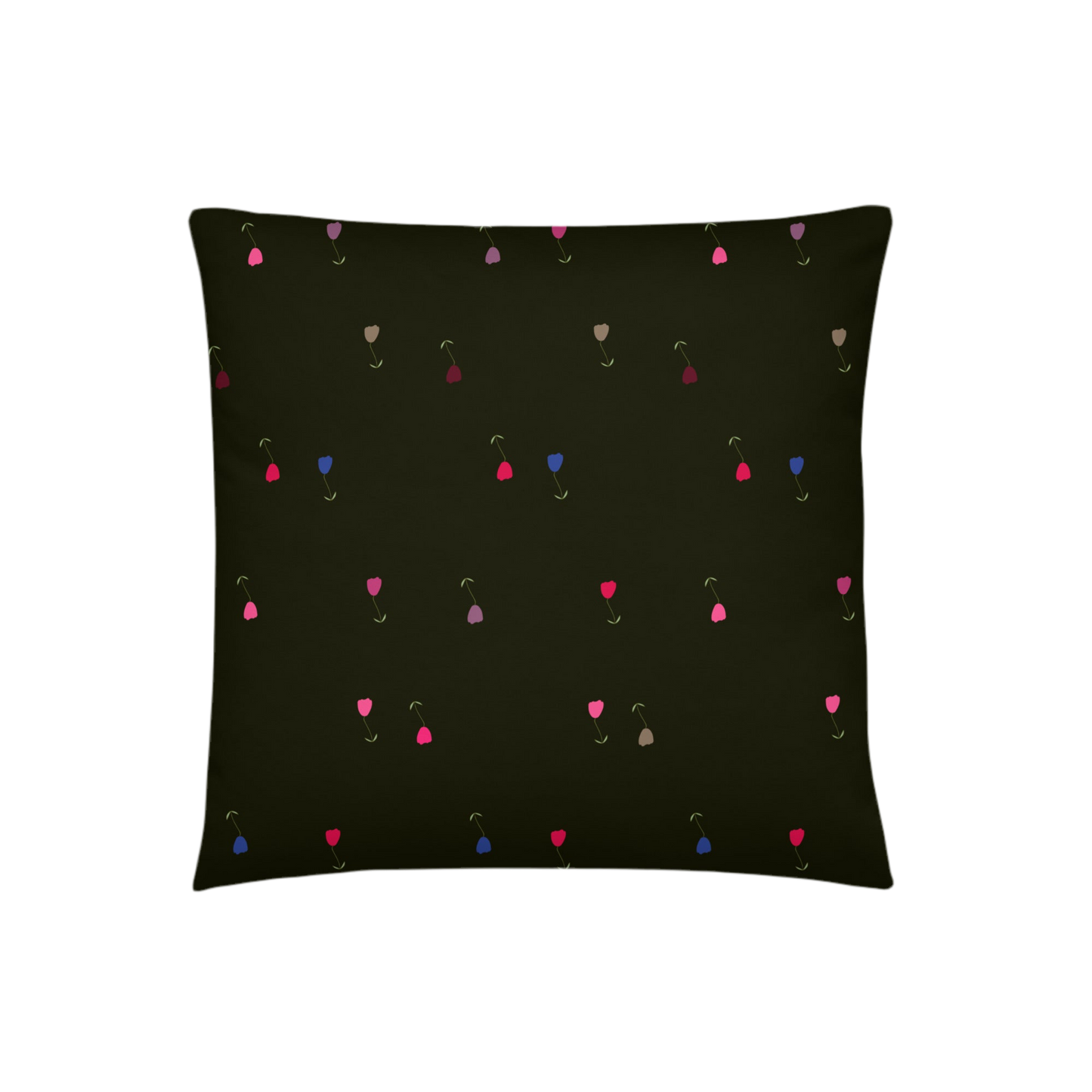 A photo of a dark pillow with colourful tulips on it (in shades of pink, grey, red, and blue with green leaves and green stalks). 