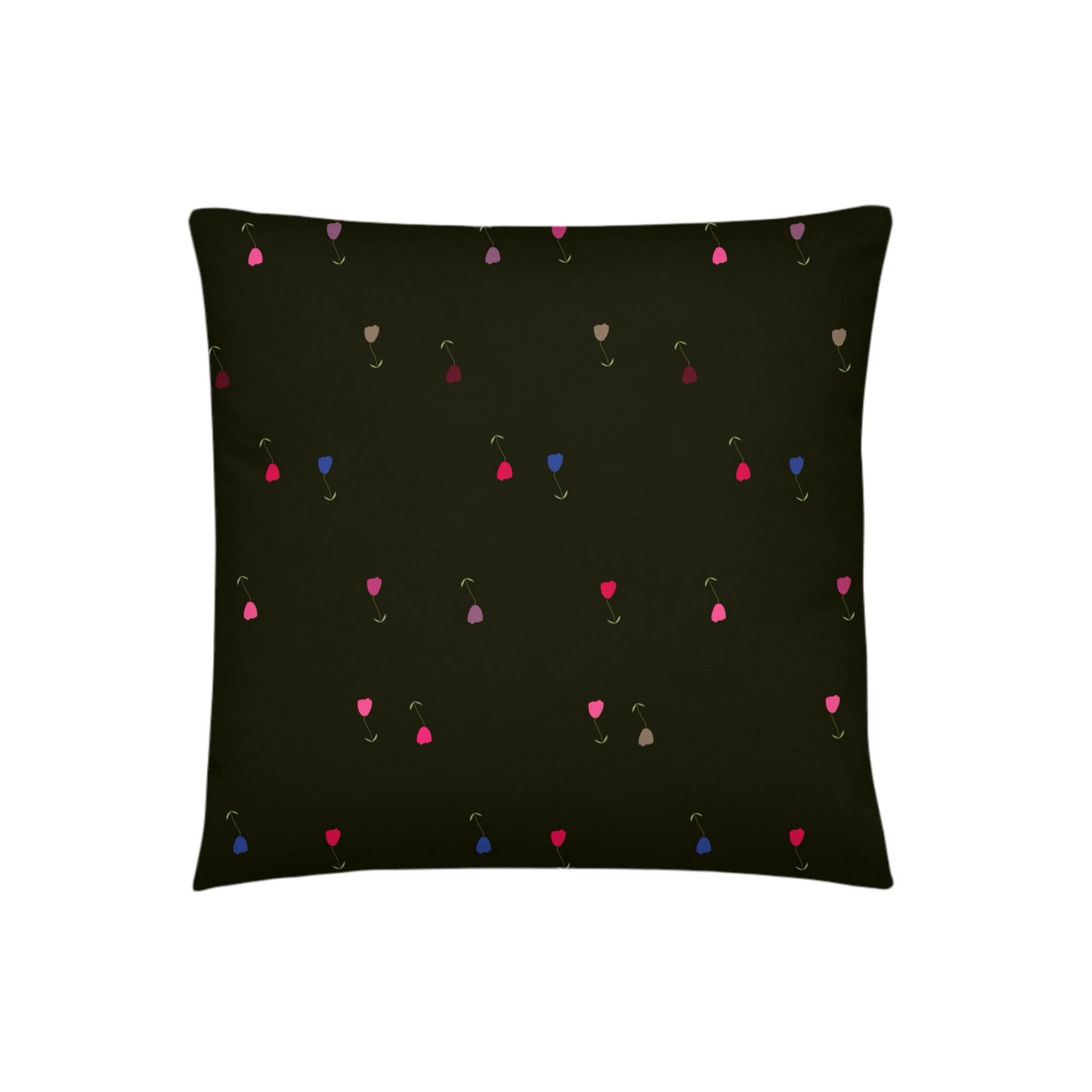 A photo of a dark pillow with colourful tulips on it (in shades of pink, grey, red, and blue with green leaves and green stalks). 