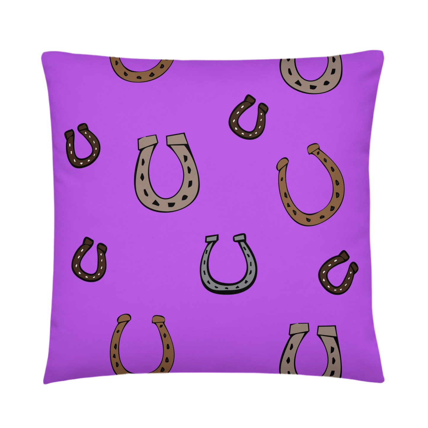 A photo of a vibrant purple pillow patterned with hand-drawn horseshoes in shades of grey and brown.