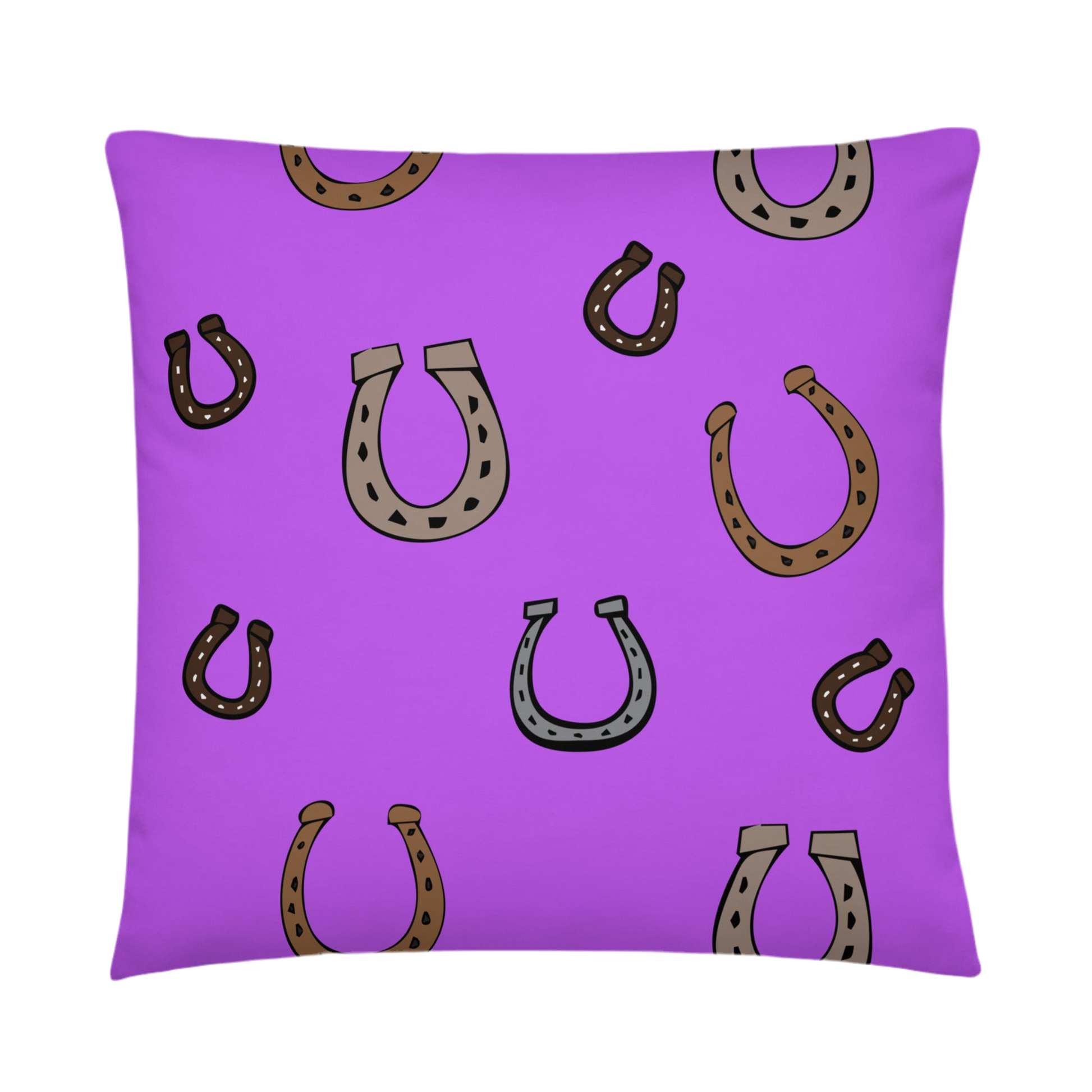 A photo of a vibrant purple pillow patterned with hand-drawn horseshoes in shades of grey and brown.