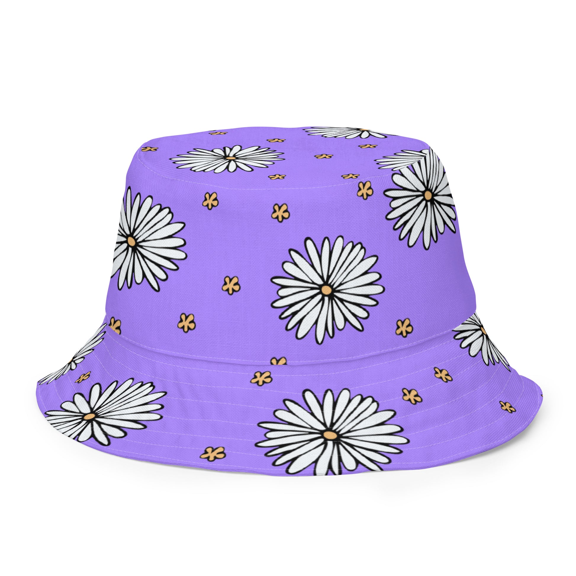 A photo of a purple bucket hat patterned with hand-drawn white daisies with yellow centres and miniature hand-drawn yellow flowers. 