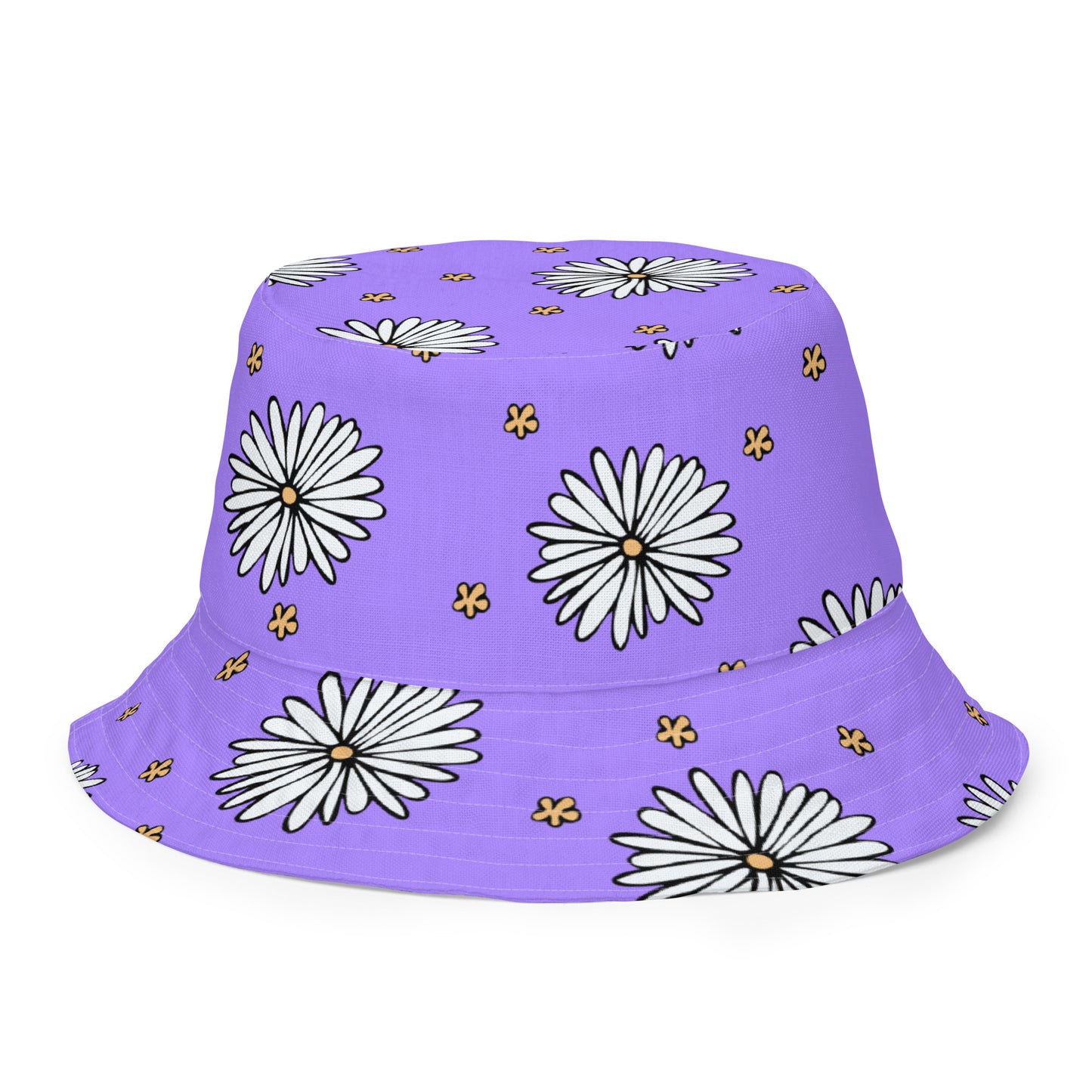 A photo of a vibrant purple bucket hat patterned with hand-drawn white daisies with yellow centres and miniature hand-drawn yellow flowers. 