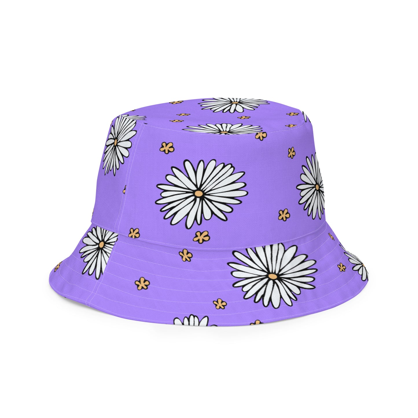 A photo of a vibrant purple bucket hat patterned with hand-drawn white daisies with yellow centres and miniature hand-drawn yellow flowers. 