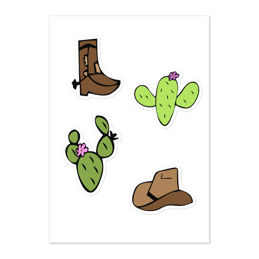 A photo of a sticker sheet showcasing hand-drawn green cacti with pink/purple flowers, a hand-drawn brown cowboy boot and a hand-drawn brown cowboy hat.