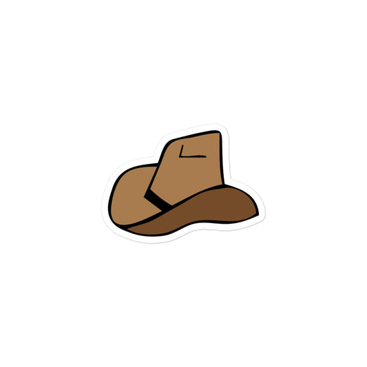 A photo of a hand-drawn brown cowboy hat sticker with a black band.