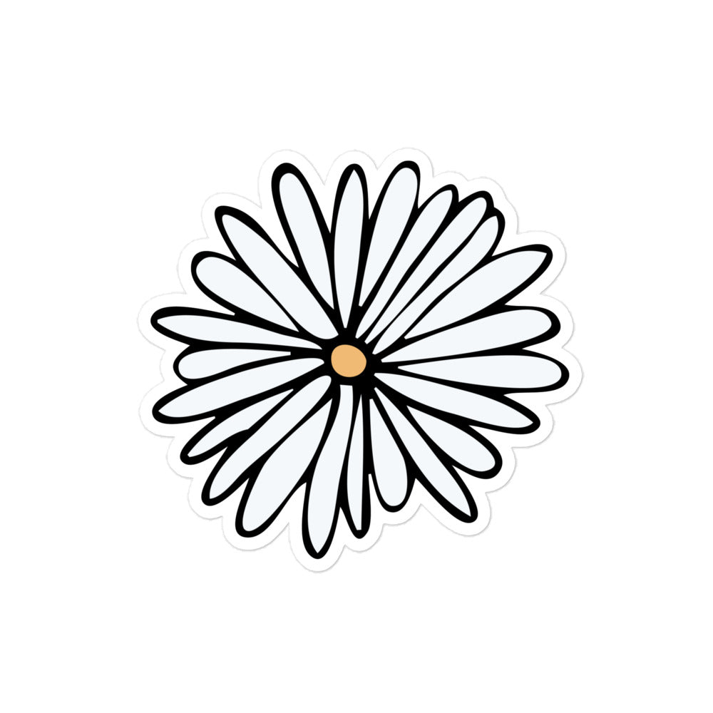 A photo of a hand-drawn white daisy sticker with a yellow centre. 