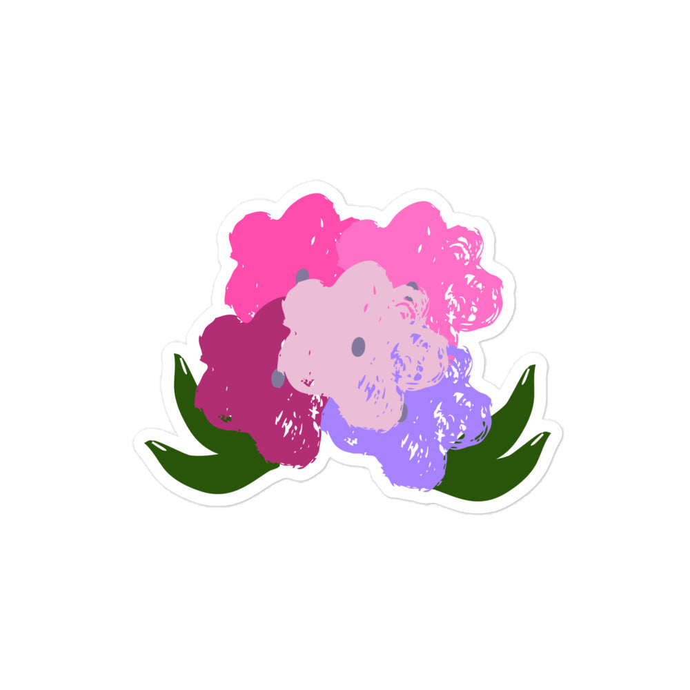 A hand-drawn bouquet of flowers sticker, with flowers in shades of pink and purple with green leaves. 