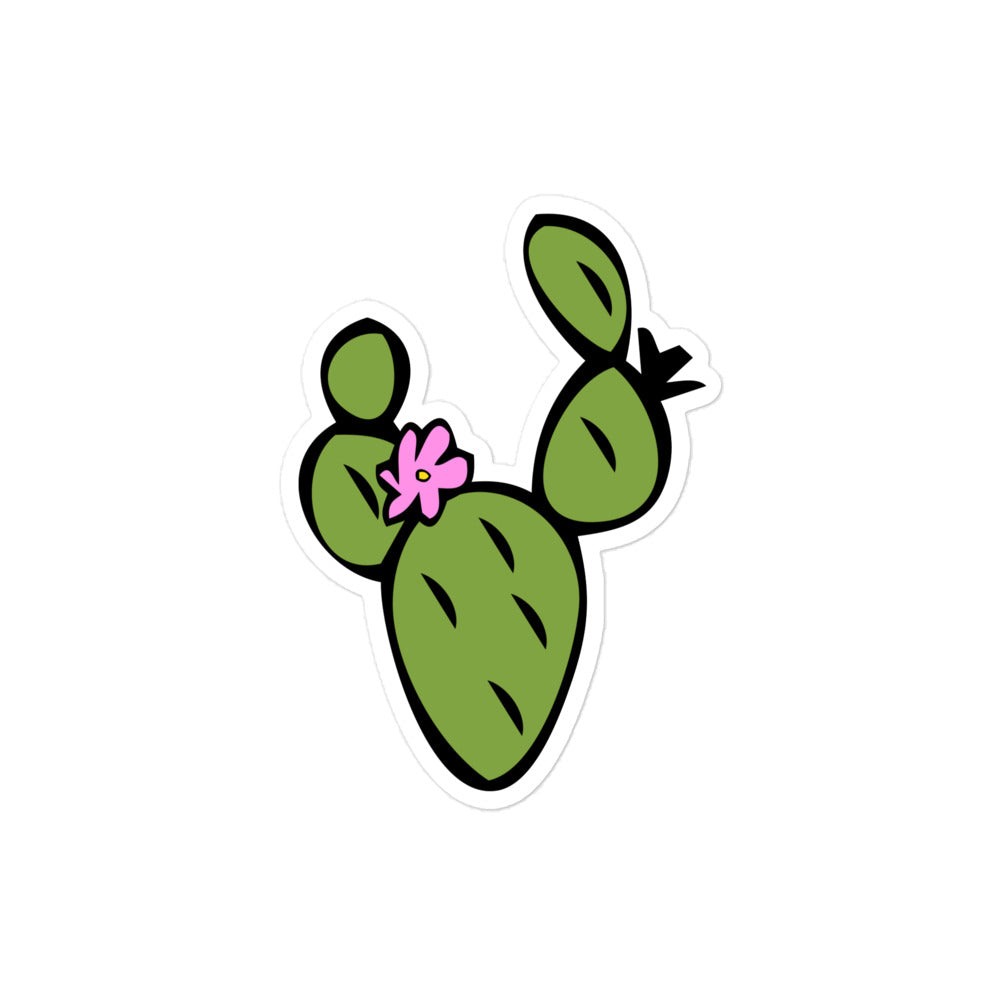 A photo of a hand-drawn green cactus sticker with a pink flower.