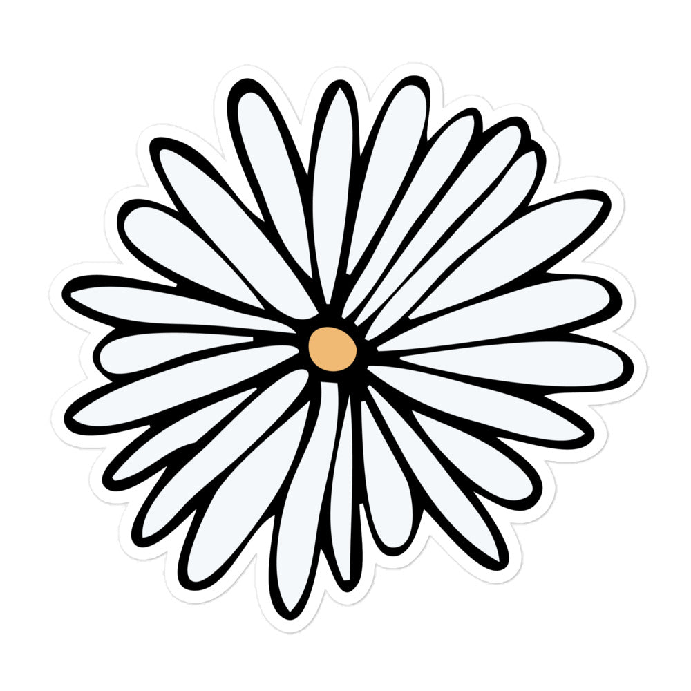 A photo of a hand-drawn white daisy sticker with a yellow centre. 