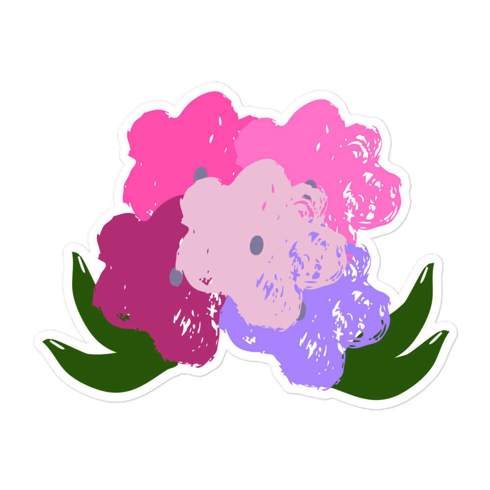 A hand-drawn bouquet of flowers sticker, with flowers in shades of pink and purple with green leaves. 