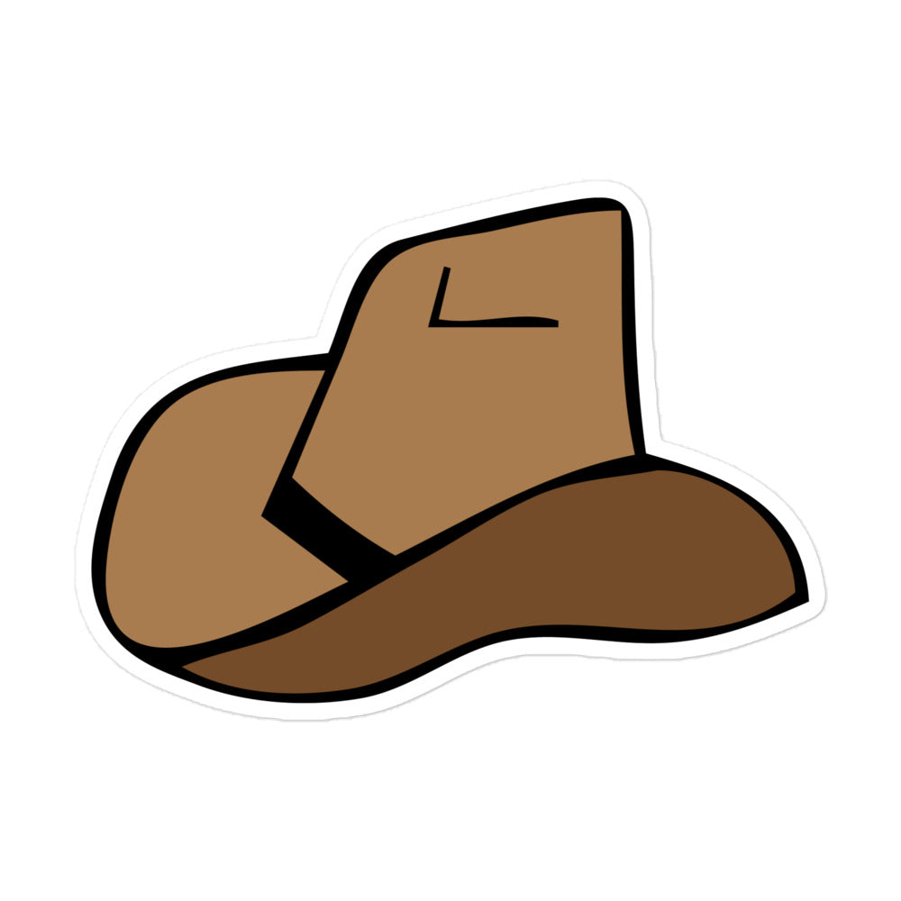 A photo of a hand-drawn brown cowboy hat sticker with a black band.