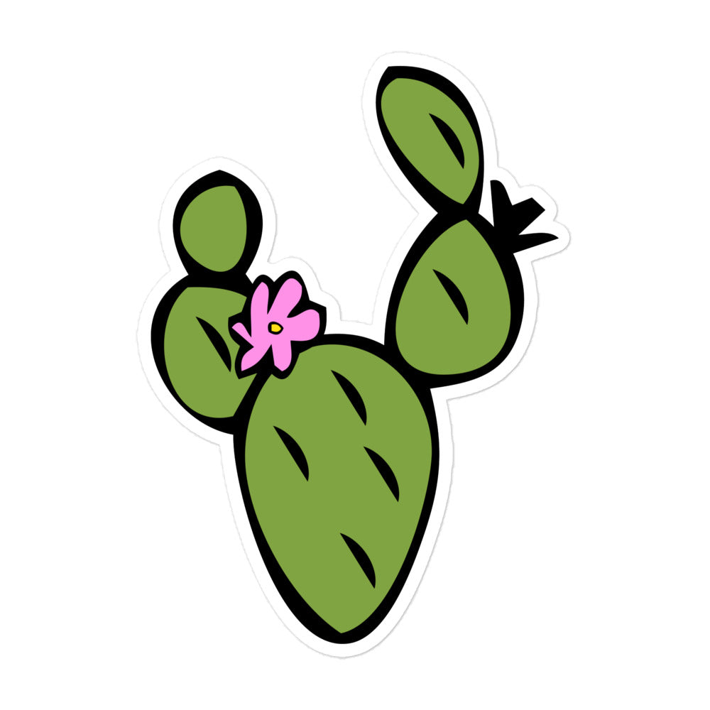 A photo of a hand-drawn green cactus sticker with a pink flower.